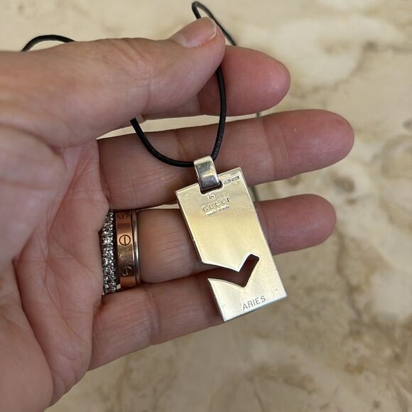 Gucci 925 Sterling Silver Aries Dog Tag Leather Cord Unisex Necklace - Picture 2 of 6
